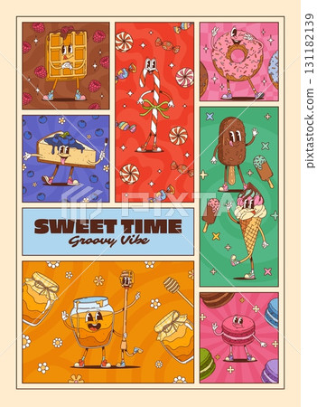 Posters with groovy sweets and dessert characters. Cartoon collage with y2k waffles, cheesecake, ice cream, candy canes, macarons and honey jar treats dancing with hippie celebration and joyful vibes Posters with groovy sweets and dessert characters. Cartoon collage with y2k waffles, cheesecake, ice cream, candy canes, macarons and honey jar treats dancing with hippie celebration and joyful vibes 131182139