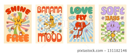 Groovy hippie characters posters, featuring cheerful cartoon retro star, banana, winged heart, and cloud y2k personages posing with playful expressions, celebrating positivity, fun, and fantasy moods 131182146