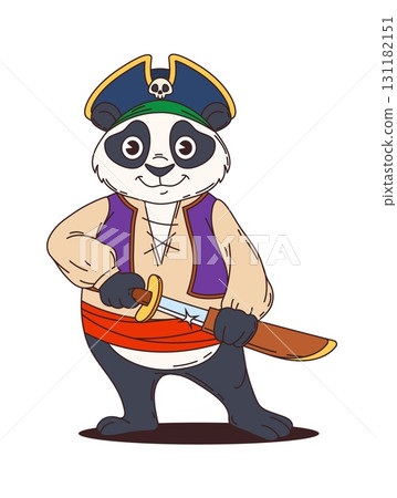 Cartoon panda pirate character or corsair ship crew animal, vector personage. Panda bear sailor in captain tricorne hat with Jolly Roger skull and sword as funny Caribbean corsair animal character Cartoon panda pirate character or corsair ship crew animal, vector personage. Panda bear sailor in captain tricorne hat with Jolly Roger skull and sword as funny Caribbean corsair animal character 131182151
