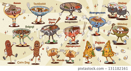 Cartoon groovy korean cuisine characters, vector asian food dishes. Korea rice and noodle bowls groovy psychedelic personages with bbq beef bulgogi, kimbap rolls and kimchi stew, corn dogs and ramen 131182161