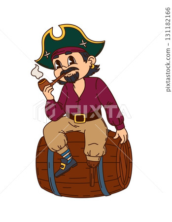 Cartoon groovy European corsair and pirate character sitting on wooden barrel with smoking pipe. Isolated vector bearded captain personage wears a tricorn hat looks confidently with a peg leg Cartoon groovy European corsair and pirate character sitting on wooden barrel with smoking pipe. Isolated vector bearded captain personage wears a tricorn hat looks confidently with a peg leg 131182166