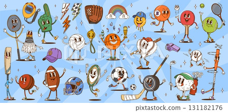 Cartoon groovy sport characters. Vector retro y2k sports equipment and accessories, basketball, baseball, soccer balls, hockey puck, racket, glove and cap celebrating victory with medals and trophies Cartoon groovy sport characters. Vector retro y2k sports equipment and accessories, basketball, baseball, soccer balls, hockey puck, racket, glove and cap celebrating victory with medals and trophies 131182176