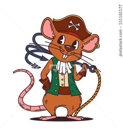 Hamster pirate or corsair cartoon animal character of ship crew, vector personage. Caribbean pirate funny hamster corsair in captain tricorne hat and boat grappling hook as seaman animal character 131182177