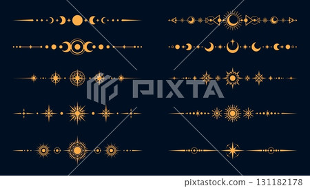 Mystic celestial divider borders with esoteric magic symbols, vector set. Golden border dividers with sun, moon and stars, mystic celestial decorations for esoteric Tarot frames or sacred geometry Mystic celestial divider borders with esoteric magic symbols, vector set. Golden border dividers with sun, moon and stars, mystic celestial decorations for esoteric Tarot frames or sacred geometry 131182178