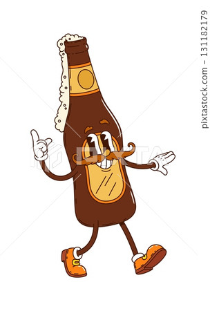 Cartoon groovy beer bottle drink character. Isolated vector funky flask personage with vintage mustaches, groove eyes, and a wide grin, happily walking, radiating retro vibes and chilled out charm Cartoon groovy beer bottle drink character. Isolated vector funky flask personage with vintage mustaches, groove eyes, and a wide grin, happily walking, radiating retro vibes and chilled out charm 131182179