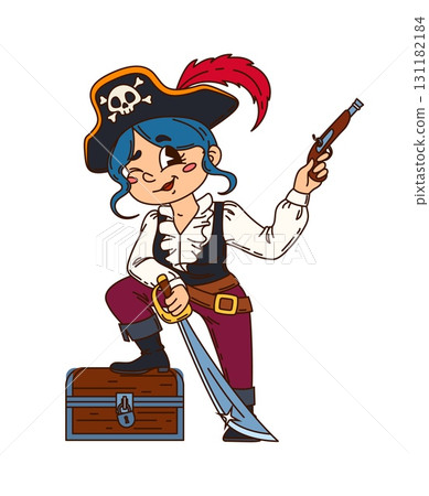 Pirate girl or corsair captain cartoon character with treasure chest, vector European or Asian personage. Caribbean pirate woman in captain tricorne hat with treasure chest, musket gun and saber sword Pirate girl or corsair captain cartoon character with treasure chest, vector European or Asian personage. Caribbean pirate woman in captain tricorne hat with treasure chest, musket gun and saber sword 131182184