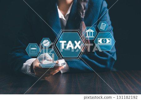 Business finance, calculating tax payments, income, returns accounting, budget, financial analysis, ensuring money management, banking systems, supports economy reliable service, time pay obligation. 131182192