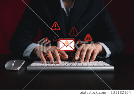 Concept of email security inbox alert, notification icon, warning spam, junk mail, virus compromise information, highlighting of protection in internet communication, modern email technology. Concept of email security inbox alert, notification icon, warning spam, junk mail, virus compromise information, highlighting of protection in internet communication, modern email technology. 131182194