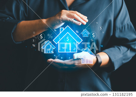Concept of real estate business to virtual screen, people can buy-sell houses, explore real estate investment opportunities, home insurance, real estate protection-all real estate online platforms 131182195