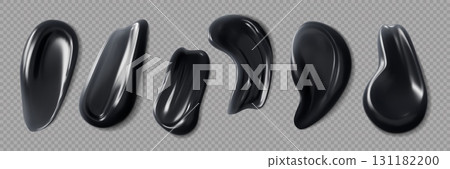 Black gel or lotion cream swatch realistic cosmetic. 3d vector glossy black charcoal face mask, paint or toothpaste smears. Isolated beauty product drops, smudges or strokes set with smooth texture Black gel or lotion cream swatch realistic cosmetic. 3d vector glossy black charcoal face mask, paint or toothpaste smears. Isolated beauty product drops, smudges or strokes set with smooth texture 131182200