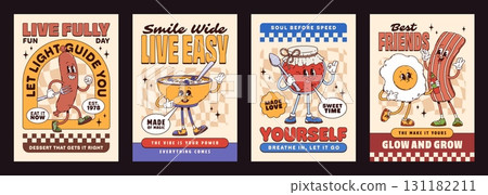 Breakfast food groovy characters posters with cute breakfast retro personages like sausage, cereal bowl, jam jar, bacon, and egg sharing positive messages about living fully, self love and friendship 131182211