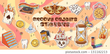 Retro hippie groovy stickers pack. Vector y2k playing cards, coins, flames, skull, clock, mushrooms, moth, film, stairs, hourglass, lighters with 60s 70s psychedelic vibe and playful cartoon aesthetic 131182213