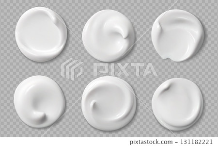 Realistic skincare white cream or cosmetic swatch of makeup smears, vector set. White cream swatch with glossy creamy texture of lotion gel drops or facial mask, skincare makeup and moisturizer Realistic skincare white cream or cosmetic swatch of makeup smears, vector set. White cream swatch with glossy creamy texture of lotion gel drops or facial mask, skincare makeup and moisturizer 131182221