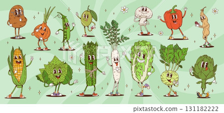 Cartoon groovy vegetable characters with funny faces and funky smiles, cartoon vector personages. Groovy potato with onion and asparagus or corn character with happy smile and hippie finger gestures 131182222