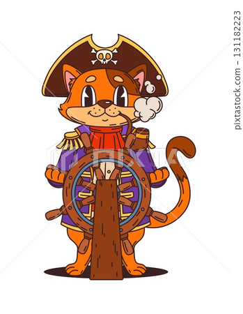 Cartoon fox pirate and corsair captain of ship crew animal character, vector personage. Fox in sailor tricorne hat or cat captain at boat helm in seafarer uniform as Caribbean corsair animal character 131182223