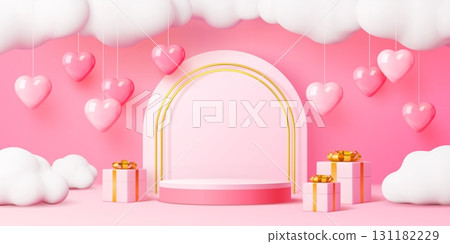 3d pink Valentine podium stage with gifts and heart balloons, holiday pedestal on pink background. Realistic vector circular platform with gold accents for romantic celebration or festive presentation 3d pink Valentine podium stage with gifts and heart balloons, holiday pedestal on pink background. Realistic vector circular platform with gold accents for romantic celebration or festive presentation 131182229