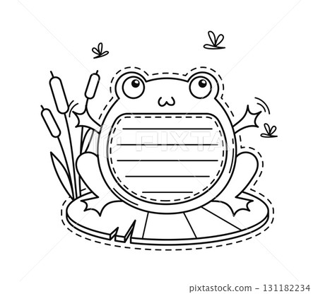 Frog cheerful animal kids memo note frame. Kids schedule vector frame, Aquatic animal To Do list memo note. Scrapbook page sticker with frog funny character sitting on water lilly and catching insects 131182234