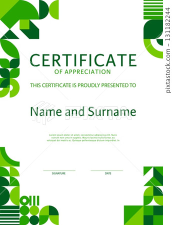 Ecology environment business certificate with green geometric Bauhaus pattern. Nature sustainability vector official letter, environment certificate. Ecology protection diploma with Bauhaus shapes Ecology environment business certificate with green geometric Bauhaus pattern. Nature sustainability vector official letter, environment certificate. Ecology protection diploma with Bauhaus shapes 131182244