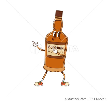 Hippie bourbon drink bottle groovy character. Party booze, bar or pub cocktail drink ingredient groovy vector cute personage. Bourbon, whiskey, cognac or brandy alcohol beverage cheerful character Hippie bourbon drink bottle groovy character. Party booze, bar or pub cocktail drink ingredient groovy vector cute personage. Bourbon, whiskey, cognac or brandy alcohol beverage cheerful character 131182245