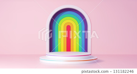 3d podium stage with rainbow arch. Realistic vector round pedestal or platform on a soft pink wall background with colorful arc. Studio interior display for product presentation and celebration 3d podium stage with rainbow arch. Realistic vector round pedestal or platform on a soft pink wall background with colorful arc. Studio interior display for product presentation and celebration 131182246