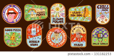 Hippie groovy label stickers and patches with cartoon retro psychedelic characters. Vector groovy flower, rainbow, pizza, hot dog and summer cocktail personages, hippy peace and good vibes stickers 131182253