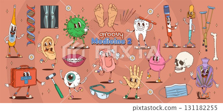 Cartoon groovy medicine and human body characters. Vector playful and quirky medical, anatomy and healthcare personages. Thermometer, virus, soap, toothbrush, skull, syringe and DNA, bones and bandage Cartoon groovy medicine and human body characters. Vector playful and quirky medical, anatomy and healthcare personages. Thermometer, virus, soap, toothbrush, skull, syringe and DNA, bones and bandage 131182255