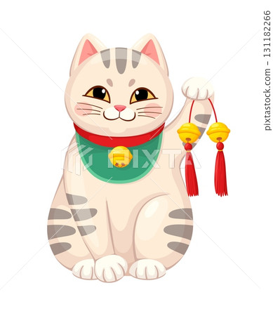 Maneki neko Japanese lucky cat with Chinese golden bells of luck and fortune, cartoon vector. Maneki neko cat or animal toy character with Chinese golden bells for luck, prosperity and fortune symbol Maneki neko Japanese lucky cat with Chinese golden bells of luck and fortune, cartoon vector. Maneki neko cat or animal toy character with Chinese golden bells for luck, prosperity and fortune symbol 131182266