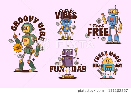 Robot groovy characters stickers and droid t shirt prints. Vector fun and funky patches set of retro futuristic cartoon cyborgs with expressive faces surrounded by bolts and upbeat slogans radiate joy 131182267