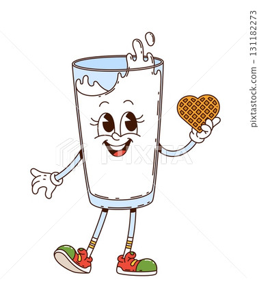 Cartoon groovy glass of milk drink character holding a heart shaped wafer. Vector funky retro healthy breakfast beverage personage with joyful face expression, and playful nostalgic vibes 131182273
