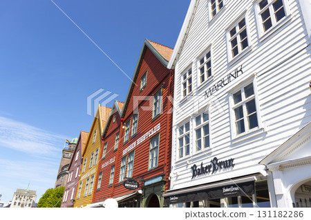 Bergen, Norway - June 11, 2022 : A row of old Hanseatic commercial buildings in Bryggen, Norway on June 11,2022. 131182286