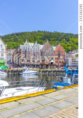 Bergen, Norway - June 11, 2022 : A row of old Hanseatic commercial buildings in Bryggen, Norway on June 11,2022. 131182292