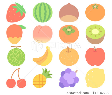 Cute seasonal fruit icon set - 16 colorful flat illustrations 131182299