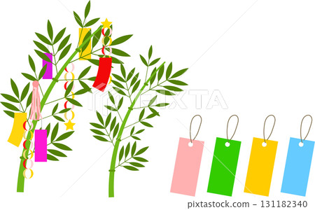 七夕竹飾品插圖。竹葉和竹子，配上編織飾品和星星的框架。 131182340