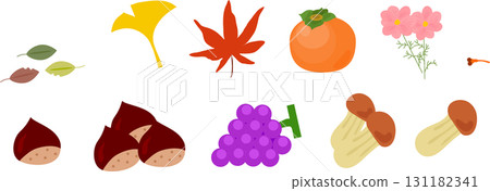 秋葉套裝，秋天，插圖，蘑菇，栗子，柿子，銀杏， 131182341