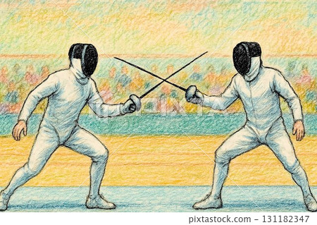 Fencing match scene colored pencil crayon hand-drawn illustration 131182347