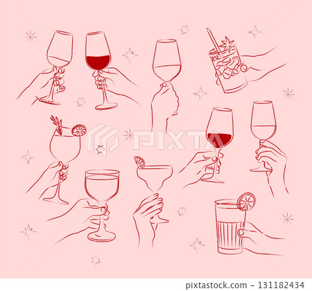 手繪人們的手拿著酒杯。派對 131182434