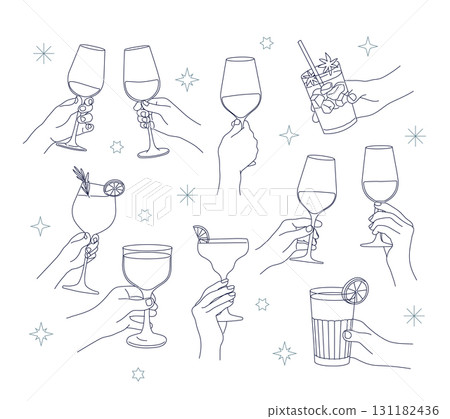 人們的手拿著線條簡單的酒杯。派對 131182436