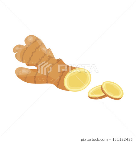 Ginger root set. Fresh raw ginger roots whole and sliced. Vector hand drawn illustration. Ginger root set. Fresh raw ginger roots whole and sliced. Vector hand drawn illustration. 131182455