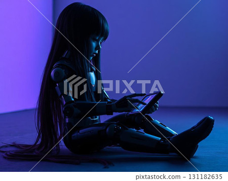Futuristic Humanoid Robot Engaged with Technology Futuristic Humanoid Robot Engaged with Technology 131182635