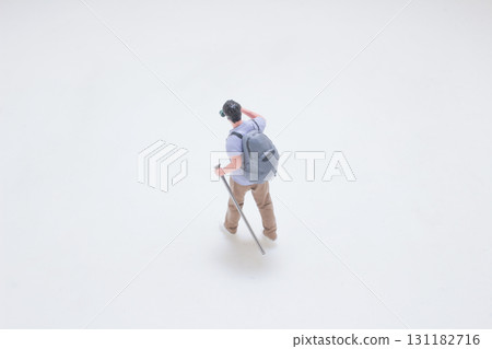 a Miniature Explorer Photographer With Backpack, Camera, 131182716