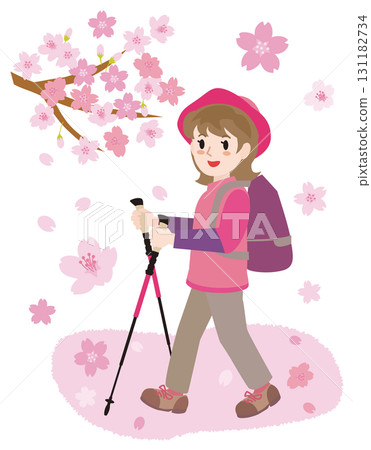 Illustration of a woman trekking in spring Illustration of a woman trekking in spring 131182734