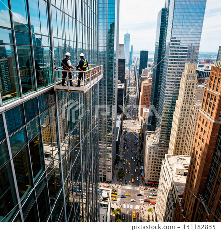 Industrial window cleaners working on skyscraper glass facade with cityscape view 131182835