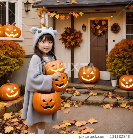 A person holding a pumpkin in front of a house decorated for Halloween, a porch scene celebrating autumn festivities 131182848