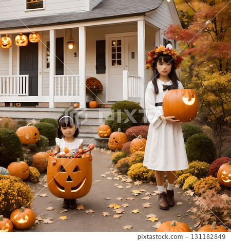 姊妹倆手捧南瓜站在裝飾著萬聖節的家門前,為前廊增添了一絲秋天的節日氣氛 姊妹倆手捧南瓜站在裝飾著萬聖節的家門前,為前廊增添了一絲秋天的節日氣氛 131182849