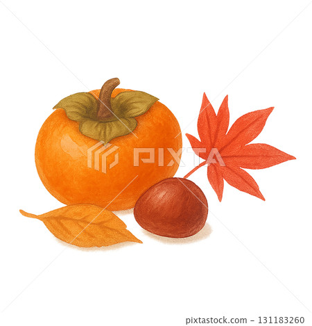 柿子、栗子和秋葉的水彩畫。秋天的風味和時令水果。 PNG 131183260