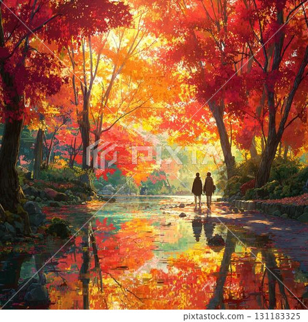 A figure reflected on the surface of the autumn leaves A figure reflected on the surface of the autumn leaves 131183325