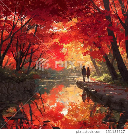 A figure reflected on the surface of the autumn leaves A figure reflected on the surface of the autumn leaves 131183327