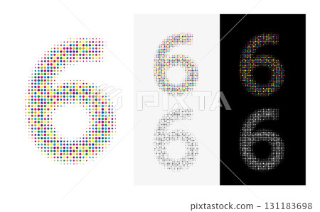 彩色圓點數字 6，引人注目的圖像，白色背景上的標籤 131183698
