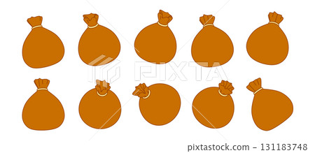 Flat line art illustration of money bags in different isometric angles and perspectives. Minimal 3D effect, finance, business, treasure or game asset isolated on white background 131183748