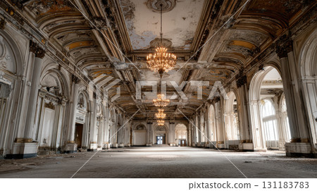Vast empty grand ballroom with dusty chandeliers, ornate ceiling, and decaying elegant 131183783